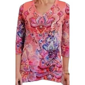 Soft Surroundings XL Women's  Reyes V-Neck Shirt Knit 3/4 Sleeve Stretchy Pink